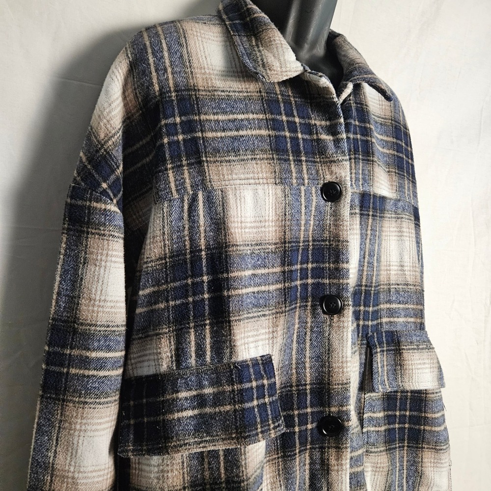 Stitch + Feather Plaid Oversized Shacket Jacket Women Blue Tan White RN 149137